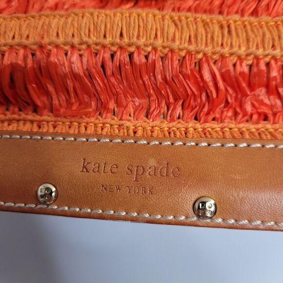 KATE SPADE orange sherbet leather trim raffia wood bottom shoulder bag purse - Picture 7 of 15